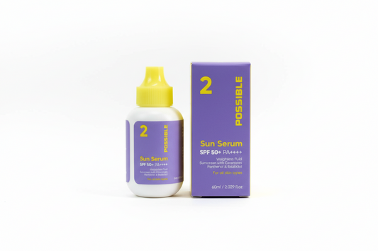 Sun serum bottle and packaging with 'Possible' branding on a white background