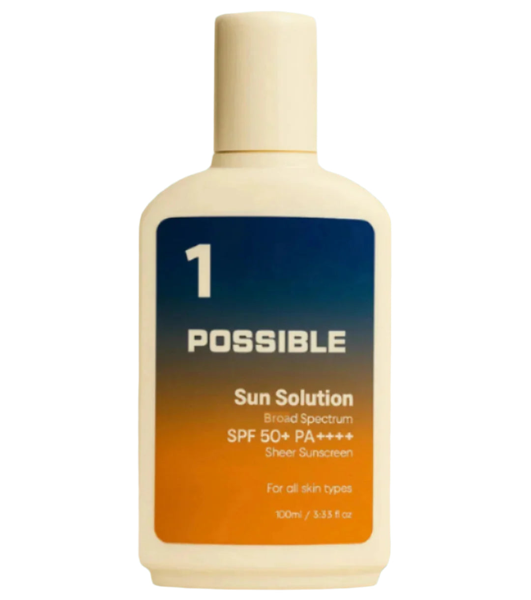 Sunscreen bottle labeled '1 Possible Sun Solution' on a beige background
