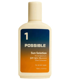 Sunscreen bottle labeled '1 Possible Sun Solution' on a beige background
